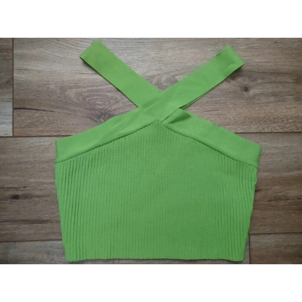 Debut Sz S/M Green Cropped Cross Neck Stretchy Halter Top Thick Ribbed Material